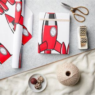 Papel De Presente Nave Espacial Brinquedo Foguete Vermelho Vintage F
