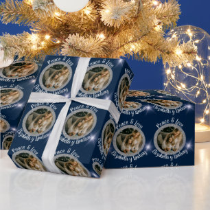 Papel De Presente Navidades Foto Round Silver y Stars Azul