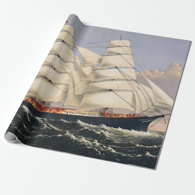Papel De Presente Navio à Vela Náutico Antigo Currier & Ives (Desenrolado)