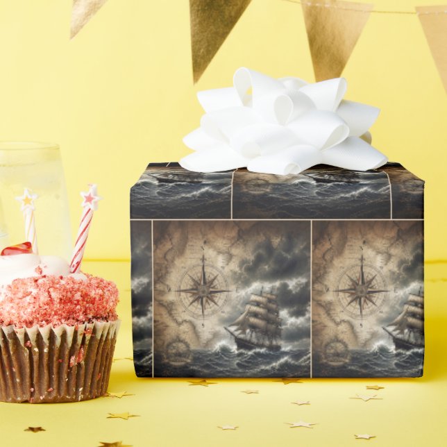 Papel De Presente Navio de Vela Antigo com Rosa dos Ventos (Festa de aniversário)
