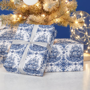 Papel De Presente Navio Mercante Estilo Delft Azul e Branco
