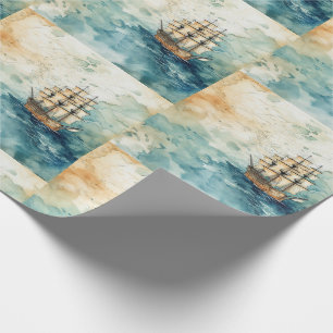 Papel De Presente Navio Pirata Vintage com Mapa Antigo Ilustrado