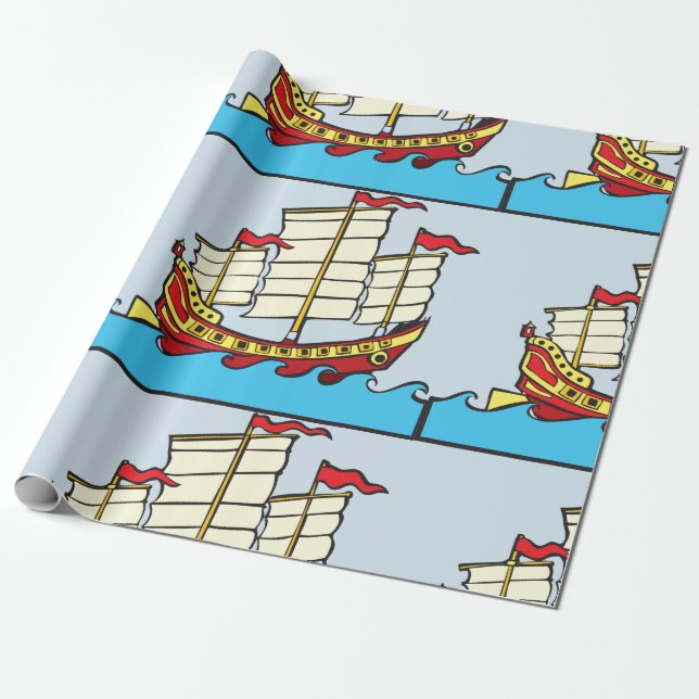 Papel De Presente Navio Tradicional Vermelho da China em Ondas Azuis (Desenrolado)