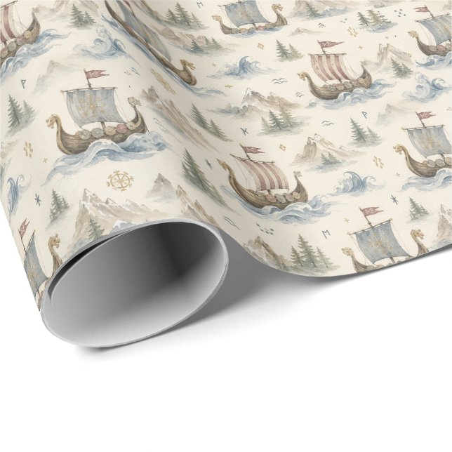 Papel De Presente Navio Viking aquarela (Ponta do rolo)