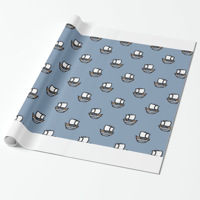 Papel De Presente Navios Pequenos e Fofos no Azul (Desenrolado)