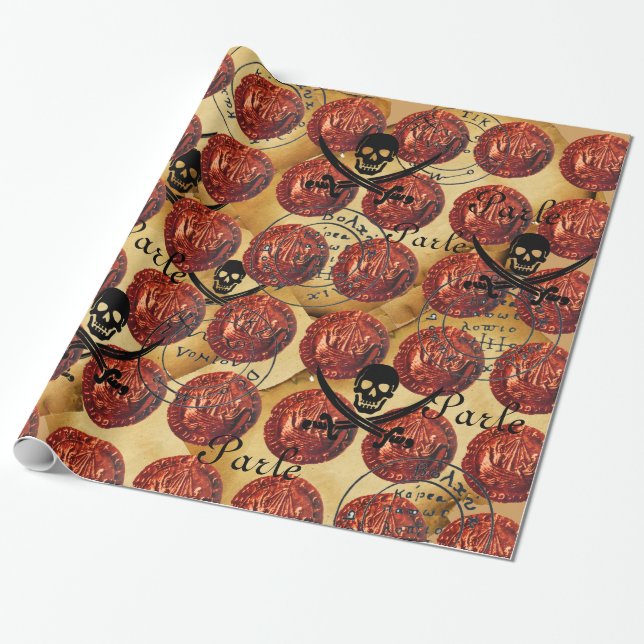 PAPEL DE PRESENTE NAVIOS-PIRATAS,CRÂNIO,ESPÉCIES,PIRATAS MAPAS DE TE (Desenrolado)