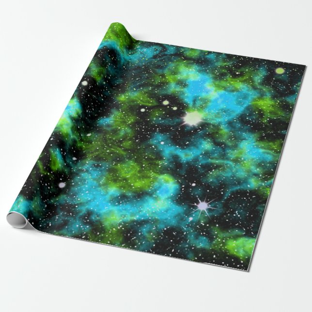 Papel De Presente Nebulosa de Estrelas Espaciais Cósmicas Verdes Azu (Desenrolado)