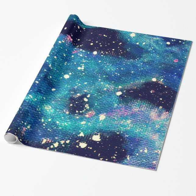 Papel De Presente Nebulosa Teal e Estrelas (Desenrolado)