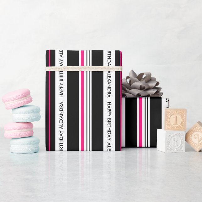 Papel De Presente Negra e Rosa Quente do Aniversário da Menina (Chá de bebê)