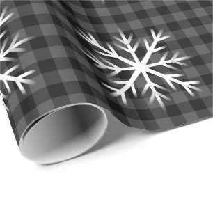 Papel De Presente Negro russo, xadrez de Tartan cinza - floco de nev