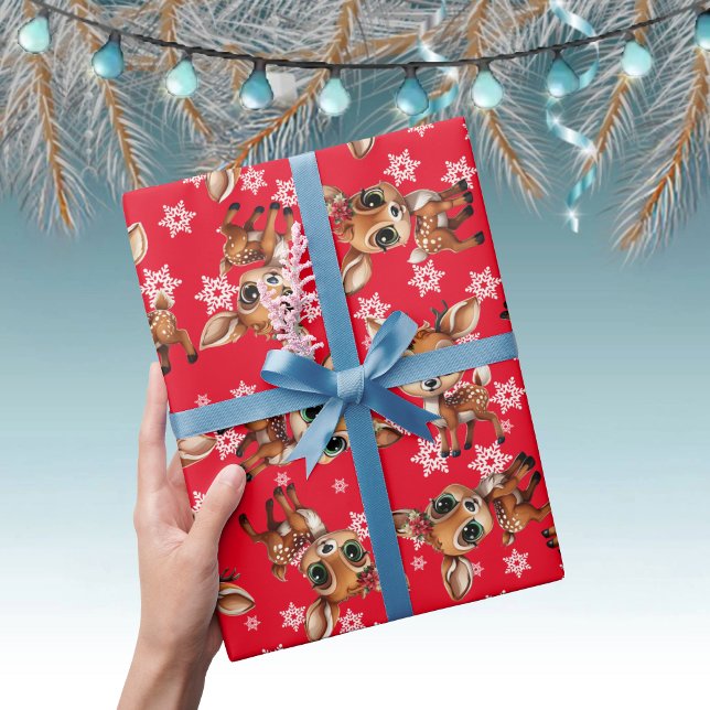 Papel De Presente Neném, Fawn, Doe, Reindeer 🦌 Vermelho, Floco de N (Cute Baby Floral Deer, Fawn, Doe Lover Reindeer Antlers Snowflake Pattern Red Wrapping Paper 🦌 🎄)