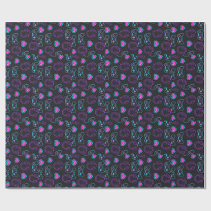 Papel De Presente Neon Gamer Controller and Hearts Pattern