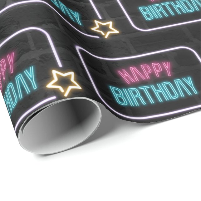Papel De Presente Neon Happy Birthday Marquee No Brick (Ponta do rolo)