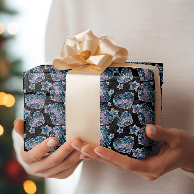 Papel De Presente Néon Negro Brilhante Brilho Xmas Corações e Estrel (Criador carregado)