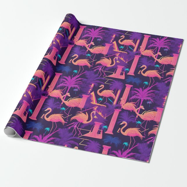 Papel De Presente Neon Pink Flamingo Palm Trees Vaporwave Aestético (Desenrolado)
