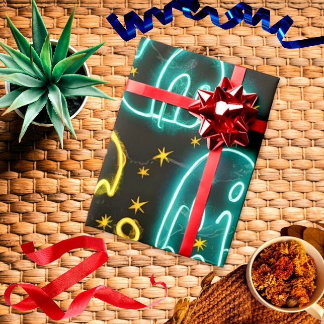 Papel De Presente Neon Spooky Halloween Ghost Bats Pumpkins Padrão (Criador carregado)