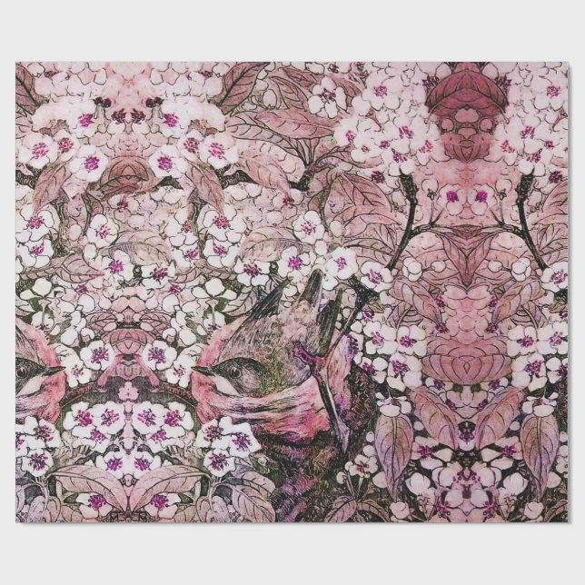 PAPEL DE PRESENTE NESTE DE PÁSSAROS, ÁRVORE COM FLORES DE PRIMAVERA  (Aberto)