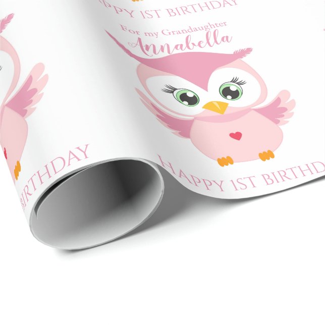 Papel De Presente Neta Primeiro Aniversário Coruja Rosa Fofa (Ponta do rolo)