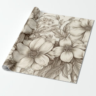 Papel De Presente Neutro Floral Creme Sepia Botânico Fazenda