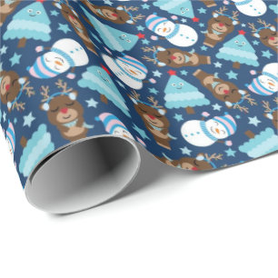 Papel De Presente Neve Azul e Árvore Azul de Natal