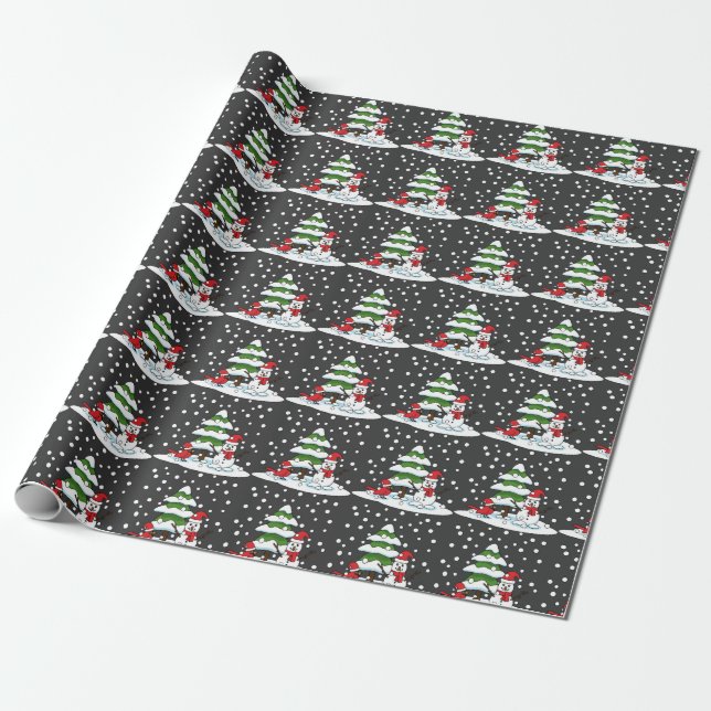 Papel De Presente Neve Caindo no Cardeal, Snowman e Pine Tree (Desenrolado)