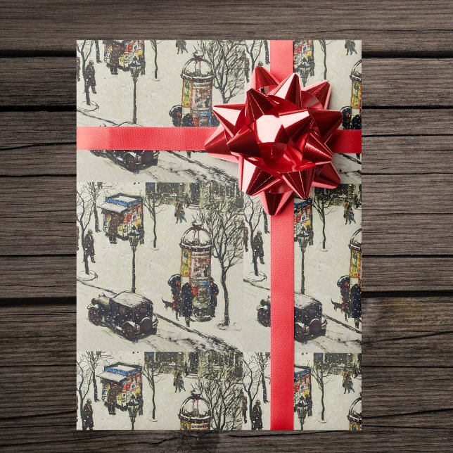 Papel De Presente Neve Coberta de 1920 City Street Cars Winter Birth (Winter Street scene in 1920's era town on white gift wrapping paper roll.)