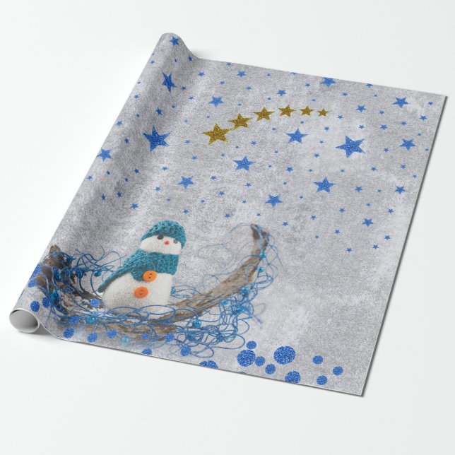 Papel De Presente Neve com estrelas cinza-azuis (Desenrolado)