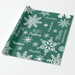 Papel De Presente Neve de Natal de Nome Personalizado Verde