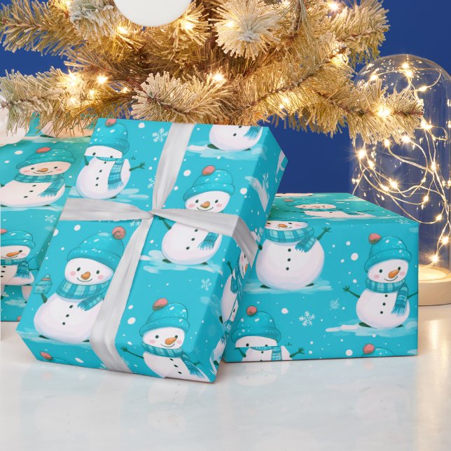Papel De Presente Neve e Flocos de Neve Azul Branco Moderno Natal (Feriados)