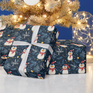 Papel De Presente Neve e Pinguins Azul Inverno