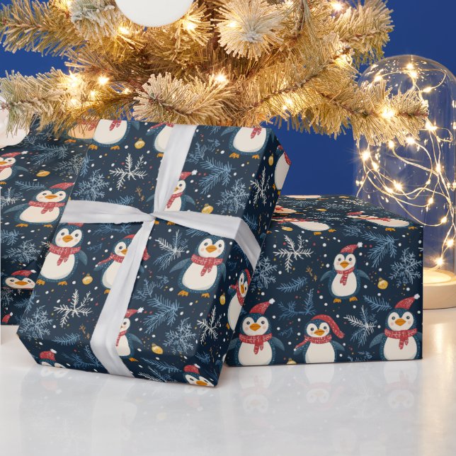 Papel De Presente Neve e Pinguins Azul Inverno (Feriados)