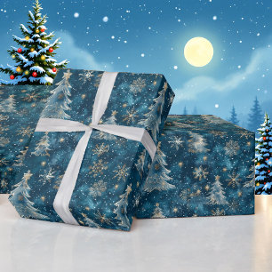 Papel De Presente Neve na Noite Árvores de Natal Rolha de Aquarela