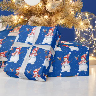 Papel De Presente Neve Natal com Pássaro em Azul