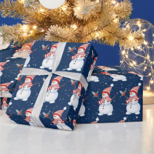 Papel De Presente Neve Natal com Pássaro em Azul