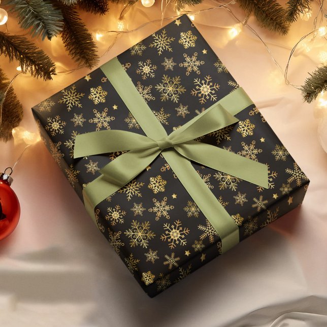 Papel De Presente Neve Negra Dourada com Floco de Neve (Criador carregado)