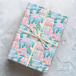Papel De Presente Neve Rosa e Azul Pão de Natal