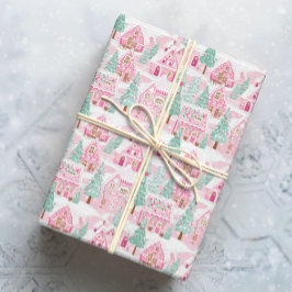 Papel De Presente Neve Rosa e Verde Pão de Natal