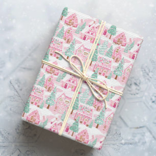 Papel De Presente Neve Rosa e Verde Pão de Natal