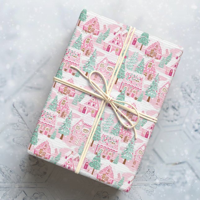 Papel De Presente Neve Rosa e Verde Pão de Natal (Criador carregado)