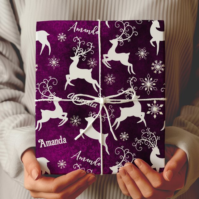 Papel De Presente Neves de renas bonitas flocos de Natal roxo (Criador carregado)
