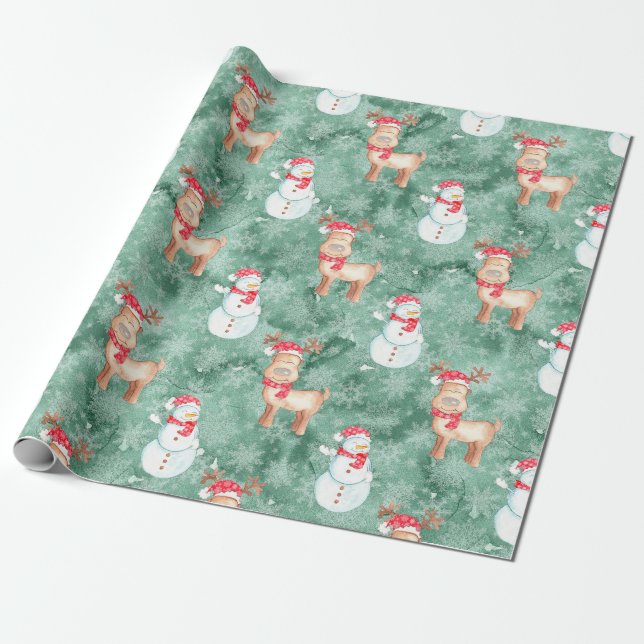 Papel De Presente Neves e Reindeer de Natal Whimsso - Verde (Desenrolado)