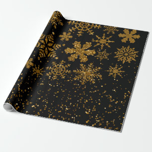Papel De Presente Neves Negra e Dourada Estrelas Feliz Natal