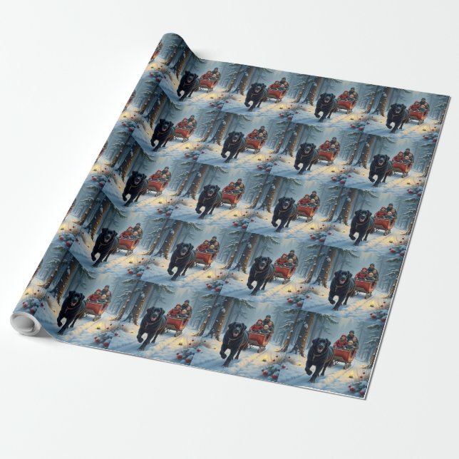Papel De Presente Newfoundland Dog Snowy Sleigh Ride Christmas (Desenrolado)