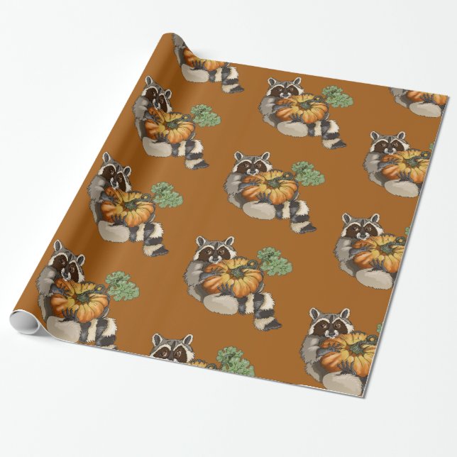 Papel De Presente No outono de Roll Raccoon Pumpkin (Desenrolado)