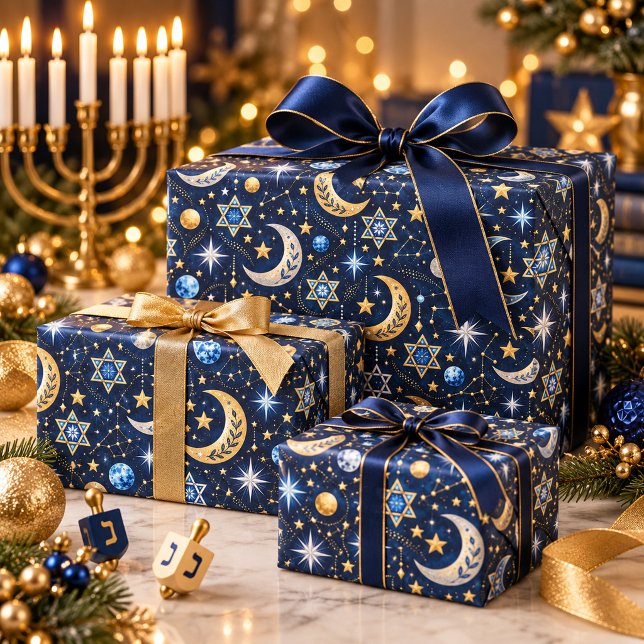 Papel De Presente Noite Celestial de Hanukkah com Estrelas Douradas (Criador carregado)