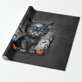 Papel De Presente Noite de Halloween com gatinhos e abóboras