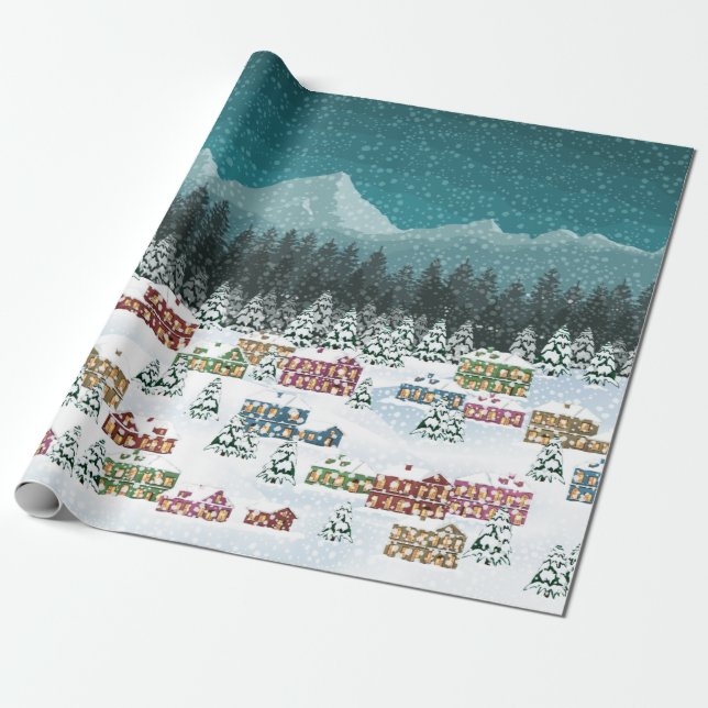 Papel De Presente Noite de Natal - Horizontal City Snowfall Landscap (Desenrolado)