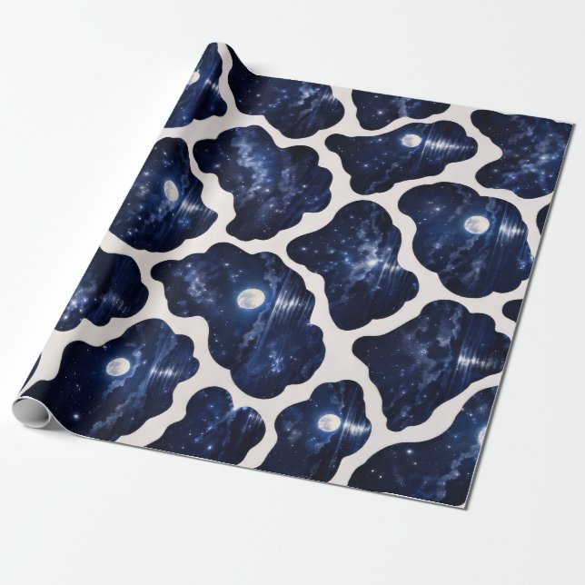 Papel De Presente Noite de Oceano Enluarada e Estrelada (Desenrolado)