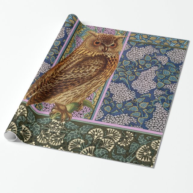 Papel De Presente NOITE OWL, LILACS E DEIXAS Art Nouveau Floral (Desenrolado)