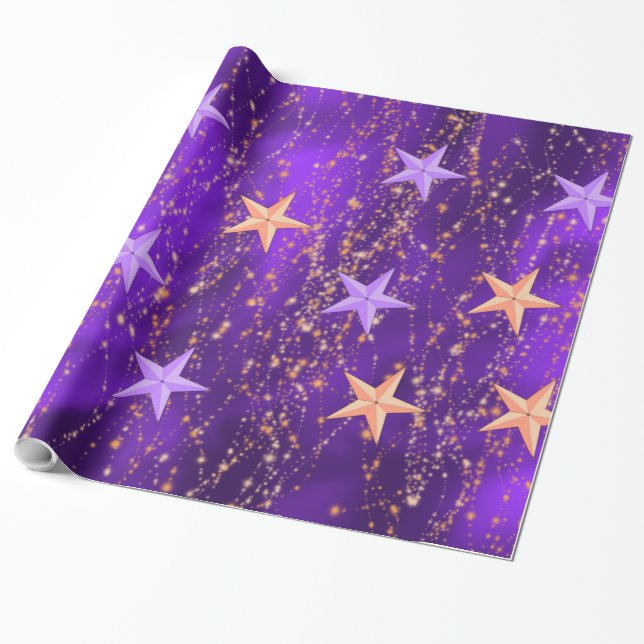 Papel De Presente Noites árabes estrelas roxas e Douradas (Desenrolado)